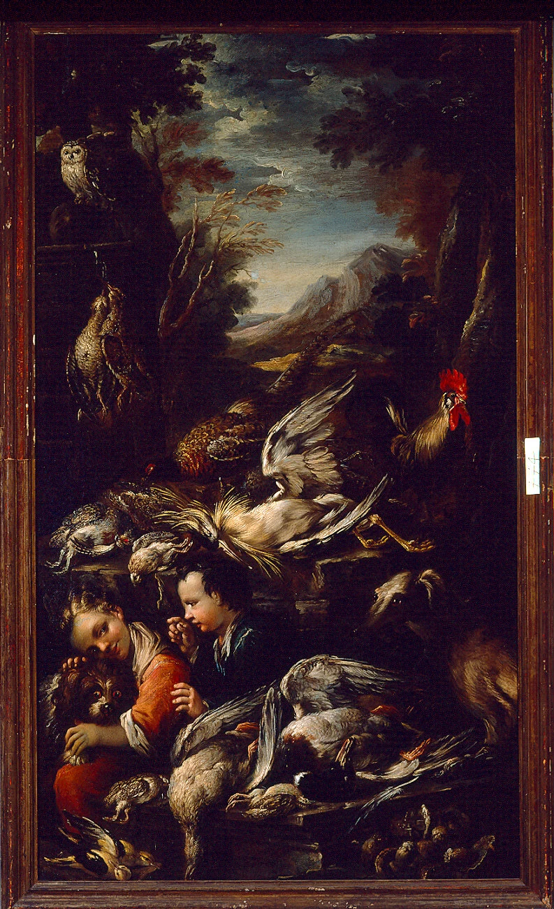 Scena di mercato con selvaggina e pollame, bimbi che giocano, cani e civetta - Palazzo della Pilotta, Parma